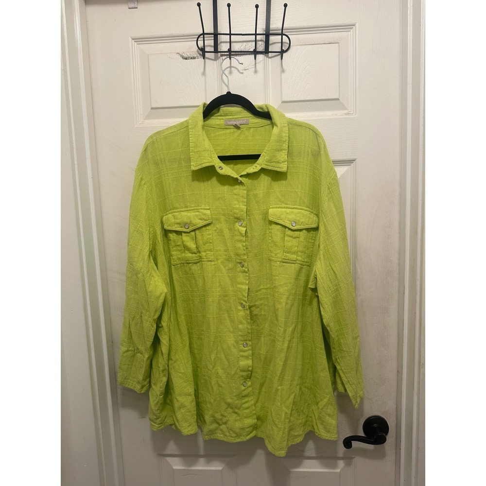 Woman Within Lime Green Textured Cotton Snap Front Roll Tab Sleeve Shirt 2X